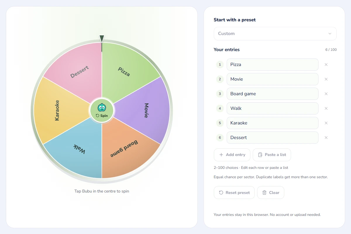 Custom wheel with coloured sectors and a winner pointer